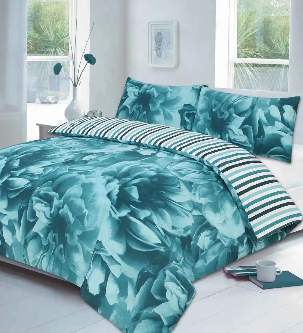rose printed duvet cover set teal